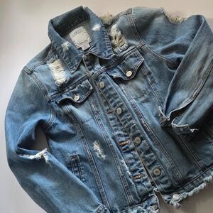 IRIS Distressed Light Wash Denim Jacket Raw Hem Ripped Jean Jacket Small